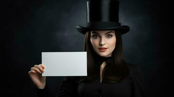 Magician's assistant. A young beautiful woman in a black bowler hat holds a blank paper card on a black background. Quest room advertising, marketing, promotion or presentation. AI Generative photo