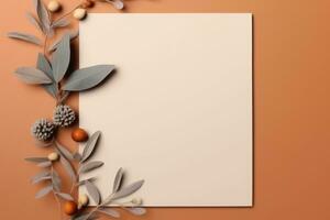 A white blank list with leaf berry and pine cone border on orange background. AI Generative photo