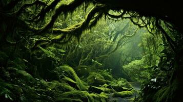 Mystical Fantasy forest dense with green trees. AI generative photo