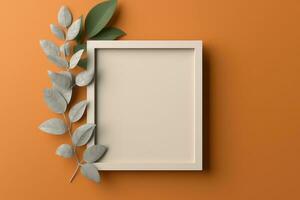 A white square Frame with Copy Space mockup on an orange background with silver leaves on the left. AI Generative photo