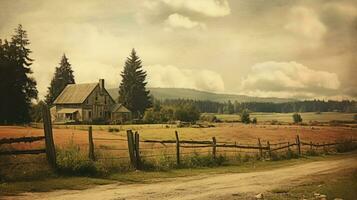 Wooden lonely house in a field with trees. AI generative photo