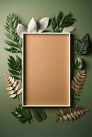 White frame with Copy Space mockup brown background leaves surround it in a symmetrical pattern. AI Generative photo