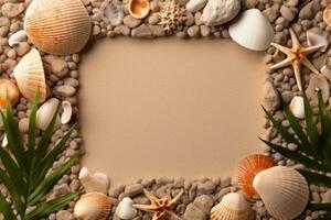 Seashells Frame with Copy Space mockup starfish pebbles on beige background shades of white orange. AI Generative photo