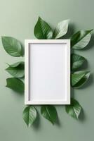 A white Frame with Copy Space mockup on a green background surrounded by green leaves. AI Generative photo