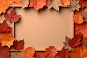 Frame with Copy Space mockup of autumn leaves in various shades on a peach background. AI Generative photo