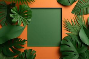 Green square frame with Copy Space mockup on orange background surrounded by various green leaves tropical and summery vibe. AI Generative photo