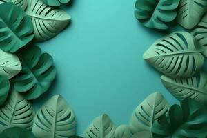 Frame green paper tropical leaves on a gradient of light blue and turquoise with Copy Space mockup. AI Generative photo