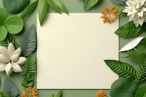 A blank square list with a green leafy border in a layered 3D effect on a light green background. AI Generative photo