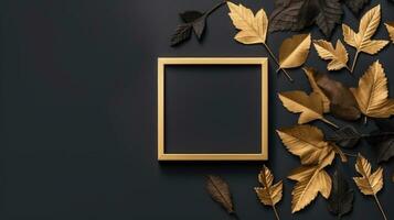 Golden Frame with Copy Space mockup on black background surrounded by gold and brown leaves. AI Generative photo