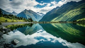 Emerald Lake Nature's Serenity Rocky Terrain in Foreground relax enjoy the background wallpaper. AI generative photo