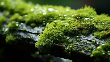 Beautiful closeup of green moss raindrops on tree bark beautiful background of moss for wallpaper. AI generative photo