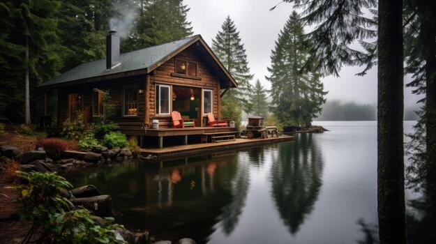 choza en el bosque en el río banco. viaje antecedentes. ai generativo foto