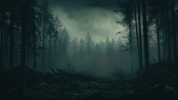 Dark Misty Forest Backdrop Enchanted Woods Gloomy Foggy Grove Mystery Halloween Background Nightmare. AI generative photo