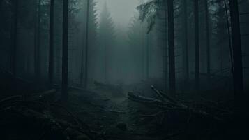 Dark Misty Forest Backdrop Enchanted Woods Gloomy Foggy Grove Mystery Halloween Background Nightmare. AI generative photo