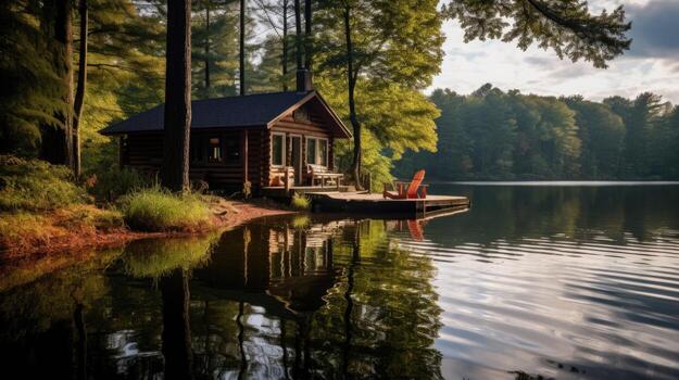 choza en el bosque en el río banco. viaje antecedentes. ai generativo foto
