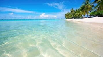 Tropical summer beach with golden sand, turquoise ocean and blue sky. AI generative photo