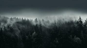 Dark Misty Forest Backdrop Enchanted Woods Gloomy Foggy Grove Mystery Halloween Background Nightmare. AI generative photo