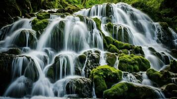 Waterfall in jungle. Wallpaper background. Natural scenery. AI generative photo