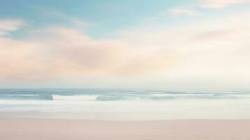 A beach with a pastel colored sky and the ocean in the background. AI generative photo