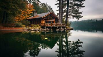 Hut in the forest on the river bank. Travel background. AI generative photo