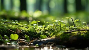 Moss Macro Nature a cluster of bright green plants grows on moss in a forest. AI generative photo