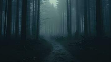 Dark Misty Forest Backdrop Enchanted Woods Gloomy Foggy Grove Mystery Halloween Background Nightmare. AI generative photo