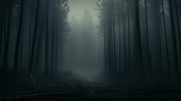 Dark Misty Forest Backdrop Enchanted Woods Gloomy Foggy Grove Mystery Halloween Background Nightmare. AI generative photo