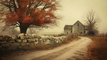 Foggy old scene with red tree stone wall and house AI Generative photo