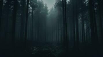 Dark Misty Forest Backdrop Enchanted Woods Gloomy Foggy Grove Mystery Halloween Background Nightmare. AI generative photo