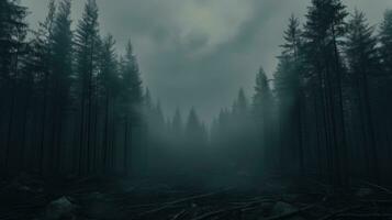 Dark Misty Forest Backdrop Enchanted Woods Gloomy Foggy Grove Mystery Halloween Background Nightmare. AI generative photo