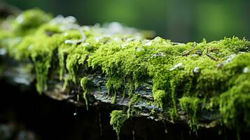 Beautiful closeup of green moss raindrops on tree bark beautiful background of moss for wallpaper. AI generative photo