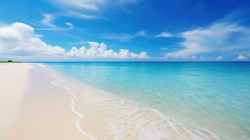 Tropical summer beach with golden sand, turquoise ocean and blue sky. AI generative photo