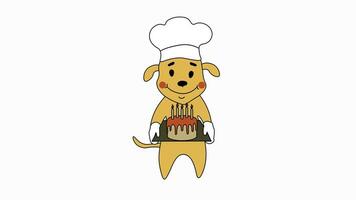 video, animación, movimiento, dibujos animados perro panadero cocinar con pastel con velas para el fiesta video
