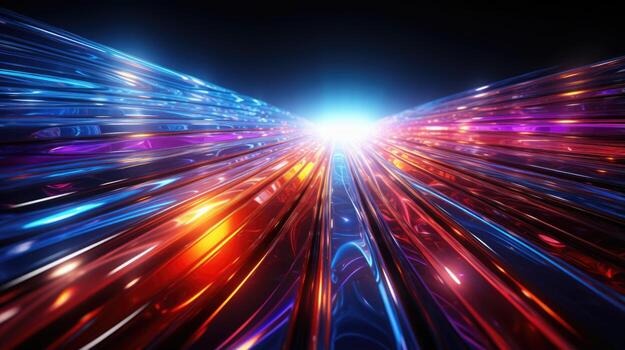 Abstract futuristic stream digital data neon speed motion glowing light trails tunnel background 3d. AI generative photo