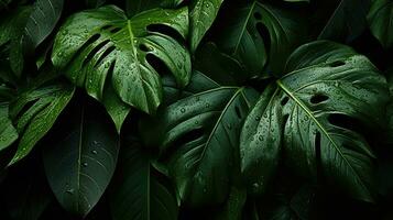 background with closeup view on tropical leaves in drops Summer wallpaper with jungle rainforest wet. AI generative photo