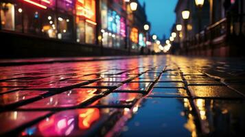 Reflections of lights on the wet road surface paving stones after rain night in big city background. AI generative photo