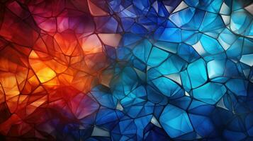 Closeup of a geometric wallpaper with triangular facets in blue orange and red creating a 3D effect. AI generative photo