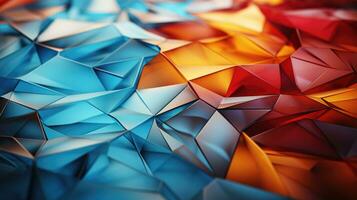 Closeup of a geometric wallpaper with triangular facets in blue orange and red creating a 3D effect. AI generative photo