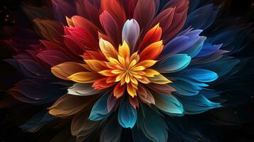 Digital art wallpaper colorful abstract flower petals arranged radial pattern against a starry sky. AI generative photo