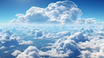 Fluffy clouds dreamy heavenly white blue sky banner wallpaper background. AI generative photo