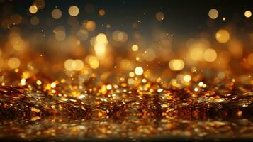 Close up of shiny, golden particles. Irregular shapes, varying sizes. Warm, festive mood background. AI generative photo