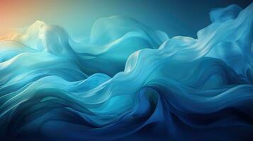 A digital art image of a fluid, wave blue landscape with a bright light source.. AI generative photo