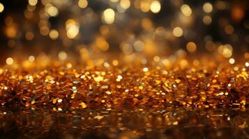 Close up of shiny, golden particles. Irregular shapes, varying sizes. Warm, festive mood background. AI generative photo