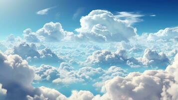 Fluffy clouds dreamy heavenly white blue sky banner wallpaper background. AI generative photo