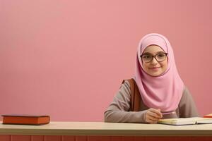 contento colegio alumno, Arábica niña en hijab en aislado en estudio antecedentes con Copiar espacio, espalda a escuela. ai generativo foto