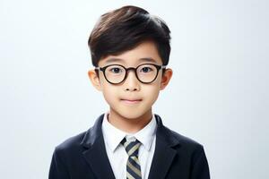 Happy School pupil, Asian boy in glasses on isolated on studio background with copy space, back to school. AI generative photo