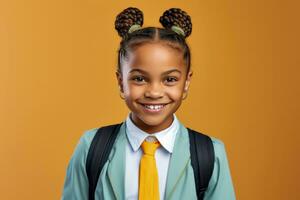 contento colegio alumno, afroamericano niña en aislado en estudio antecedentes con Copiar espacio, espalda a escuela. ai generativo foto