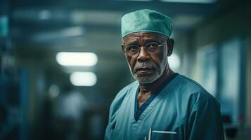 Professional older Afro-American surgeon wearing glasses and cap and gown. AI generative photo