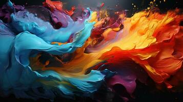 Explosion splash of brightly colored paint swirls in a black background. AI generative photo