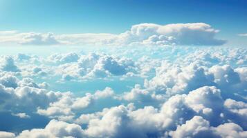 Fluffy clouds dreamy heavenly white blue sky banner wallpaper background. AI generative photo